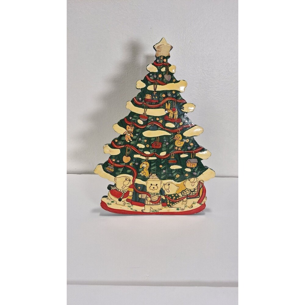 Vtg Christmas Tre Transfer Intl. Hand Painted Wood Paper Towel Holder Holiday